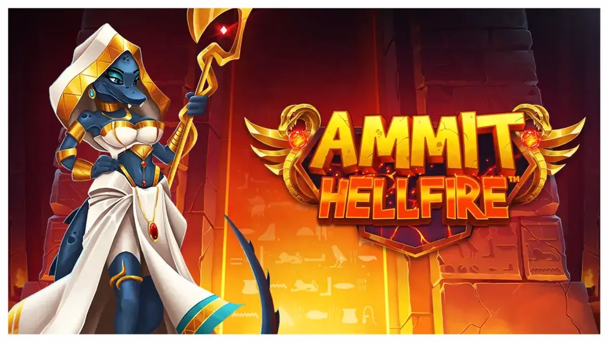 Ammit Hellfire স্লট গেমের একটি দৃশ্য যেখানে মিশরীয় দেবী অ্যামিট এবং রিলগুলো দেখা যাচ্ছে