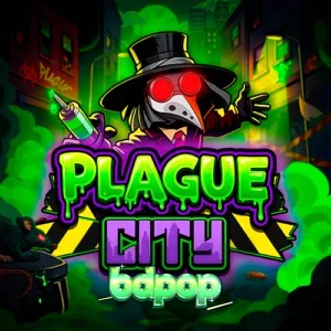 Plague City স্লট গেমের একটি দৃশ্য যেখানে অন্ধকার শহরের থিম এবং গ্রিড দেখা যাচ্ছে